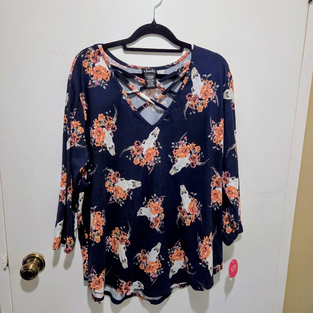 Justify Navy Boho Floral Cow Skull Blouse with Criss-Cross Neckline NWT Sz 1X